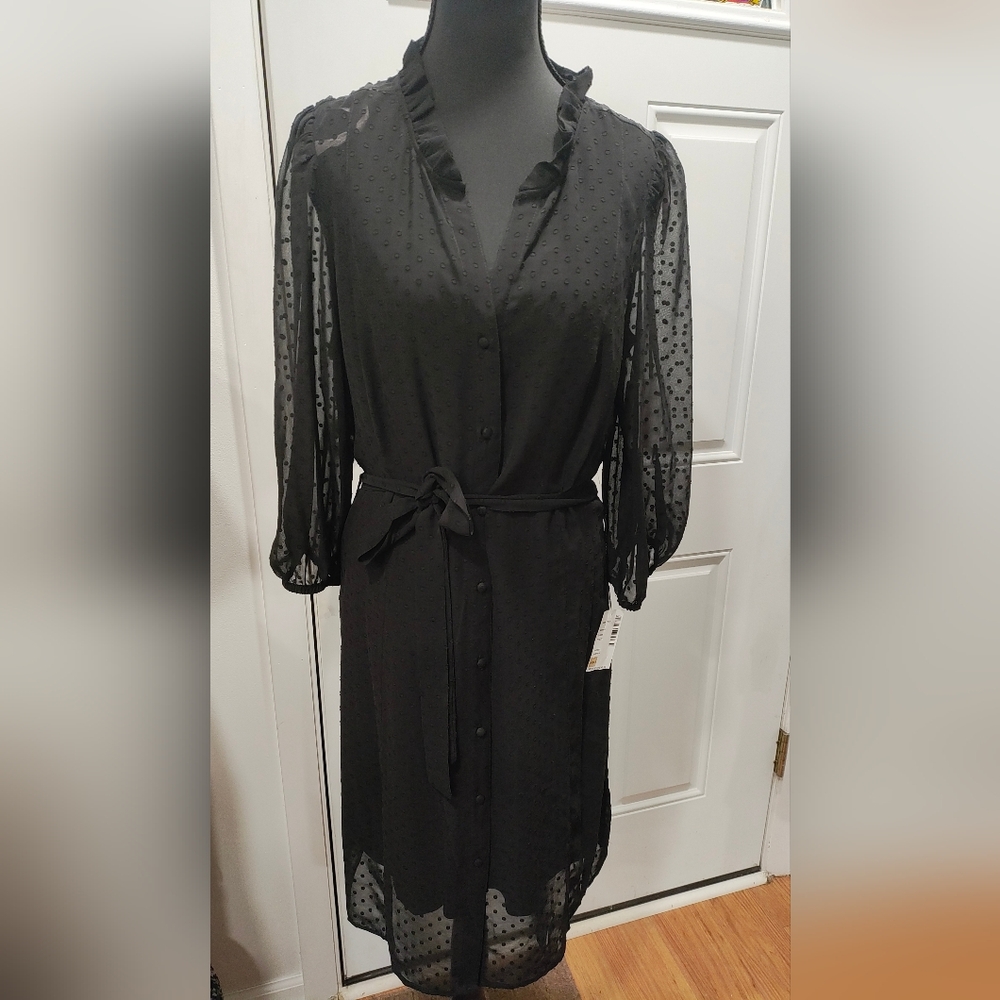 Nanette Lepore Black Button-Down Dress with Sheer Sleeves